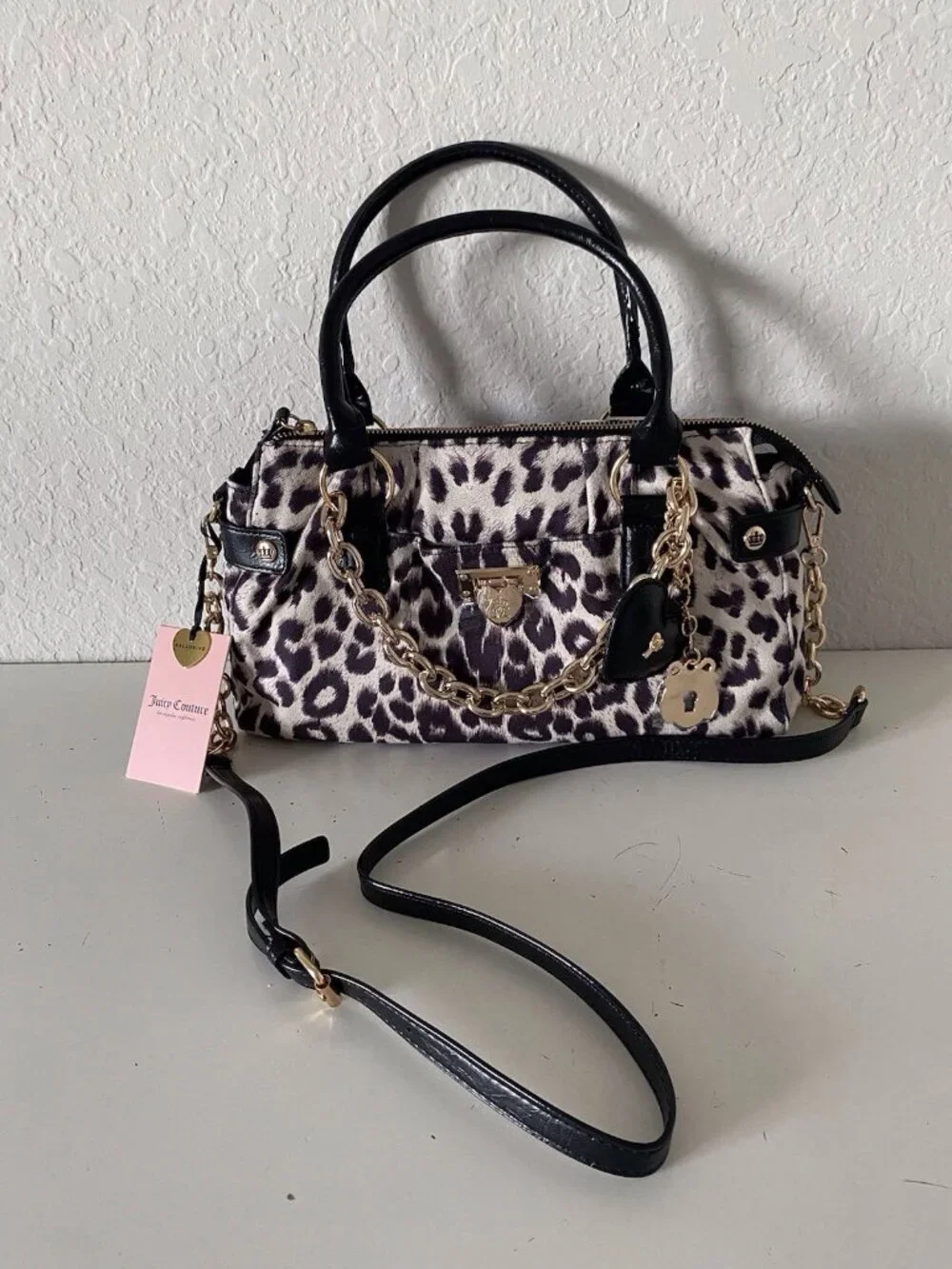 Juicy Couture Fashionable Juicy Satchel Bag Crossbody W/Charm Snow Leopard NEW